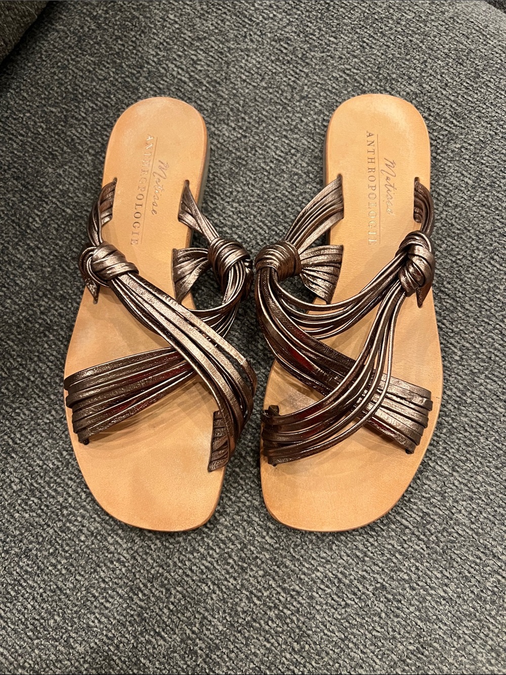 Anthropologie Bronze Metallic Knotted Strap Slide Sandals